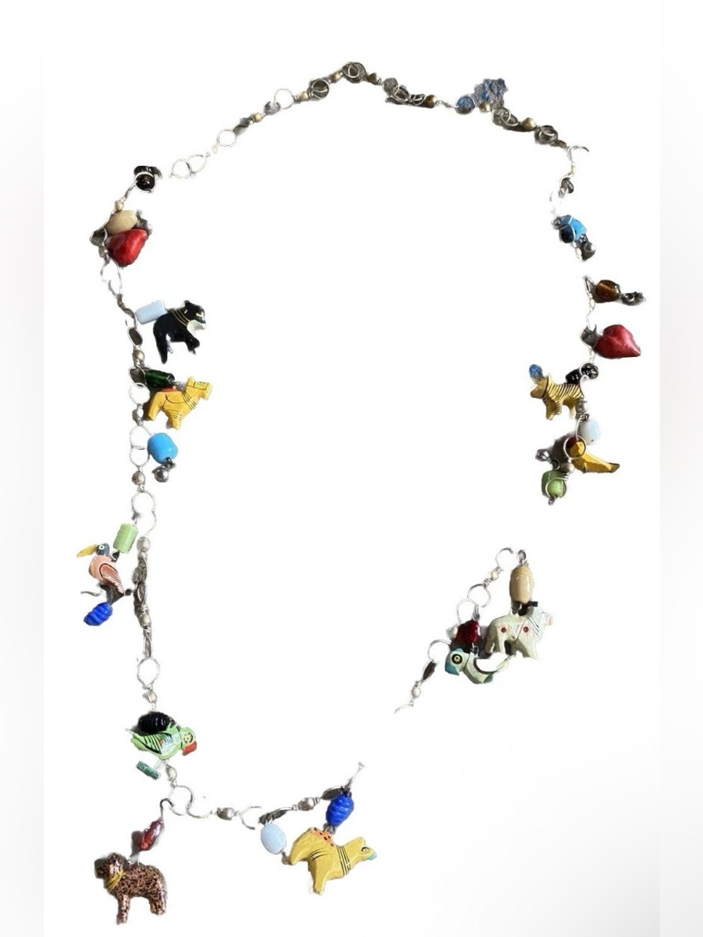 Vintage Tropicana Necklace Silver Wooden Animals Birds Chain Parrot Hearts NG